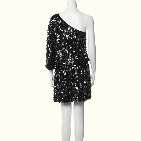 TIBI Black One Shoulder Silk Sequin Mini Dress - Picture 12 of 12